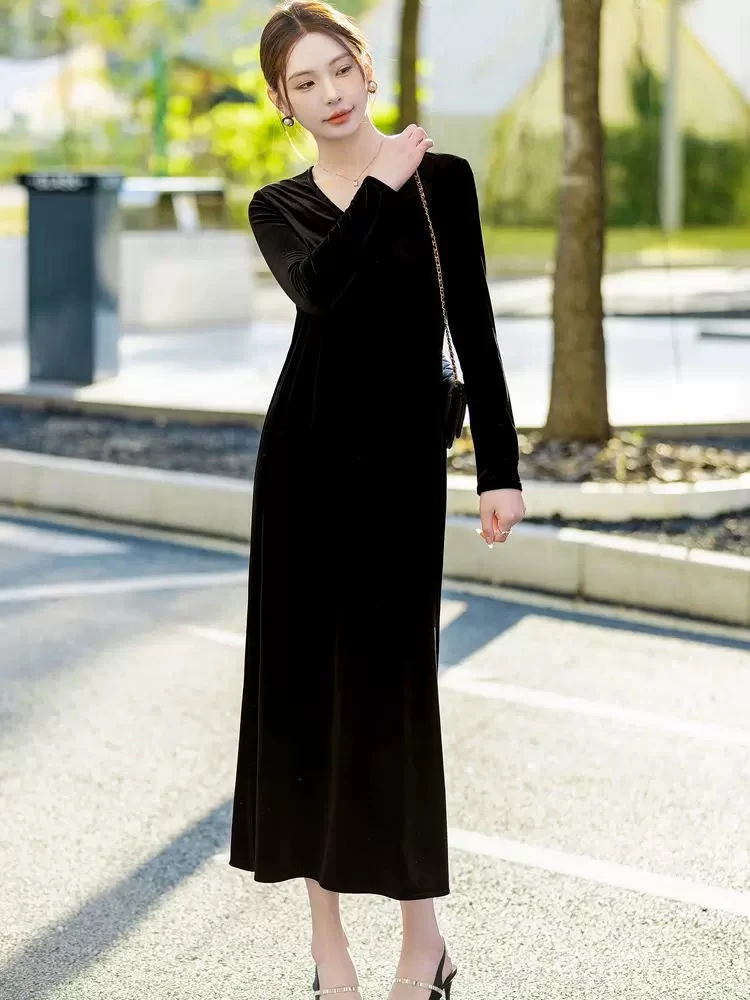 深圳南油【丝绒长裙】100%醋酸丝绒V领高级感气质长裙秋冬打底裙