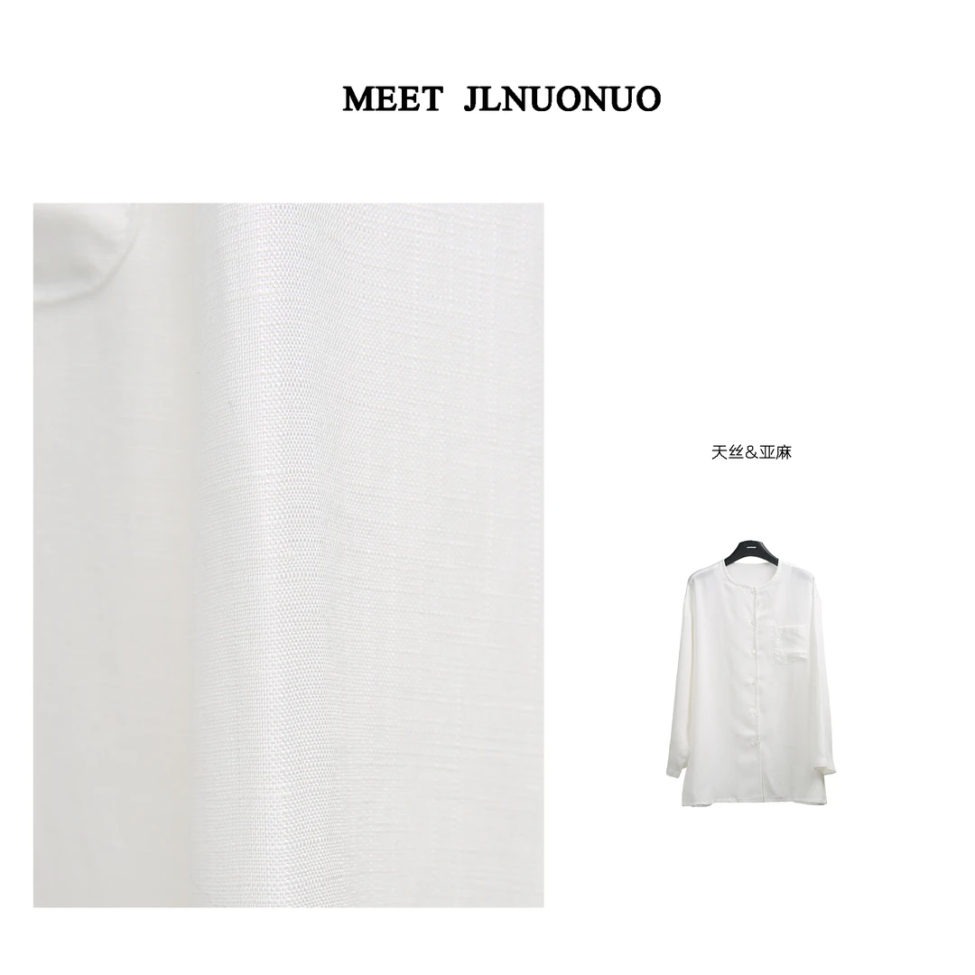 JLNUONUO   追光者白色亚麻天丝无领开扣衬衣