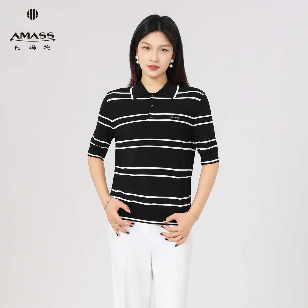 AMASS/阿玛施新款日常通勤舒适撞色线条小翻领polo针织衫女538009