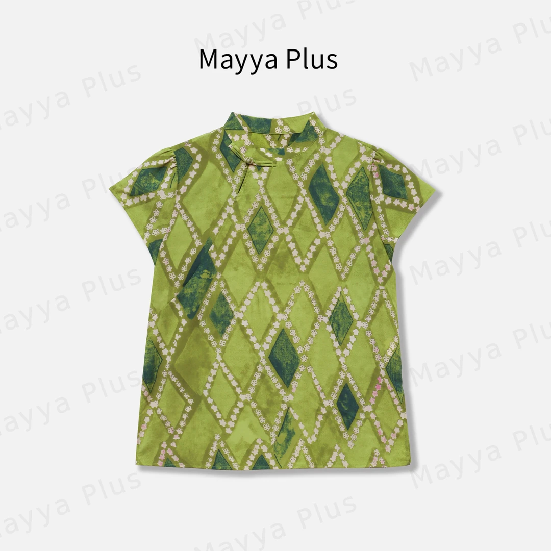 【青山】MayyaPlus麦芽定制国风新中式印花短袖T恤斜颈上衣32527912