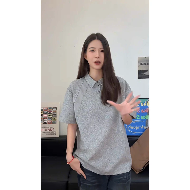 高级感浅灰色美式短袖男款polo衫夏季重磅正肩t恤cleanfit半截袖