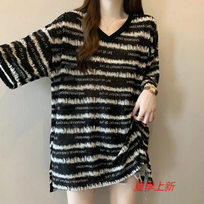 欧货大版宽松冰丝字母短袖T恤女夏大码显瘦中长款遮屁股洋气上衣