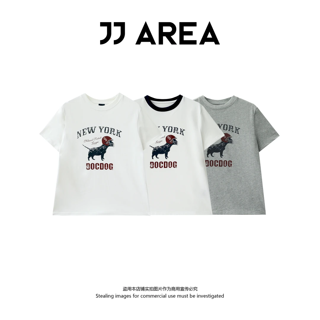 【JJ AREA】娇娇“头盔小狗”新款纯棉撞色卡通印花T～显瘦正肩短袖
