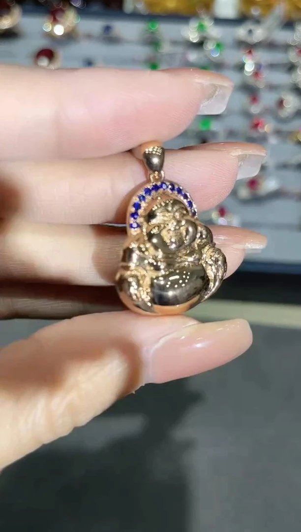 18K金镶嵌蓝宝石吊坠佛公 K玫