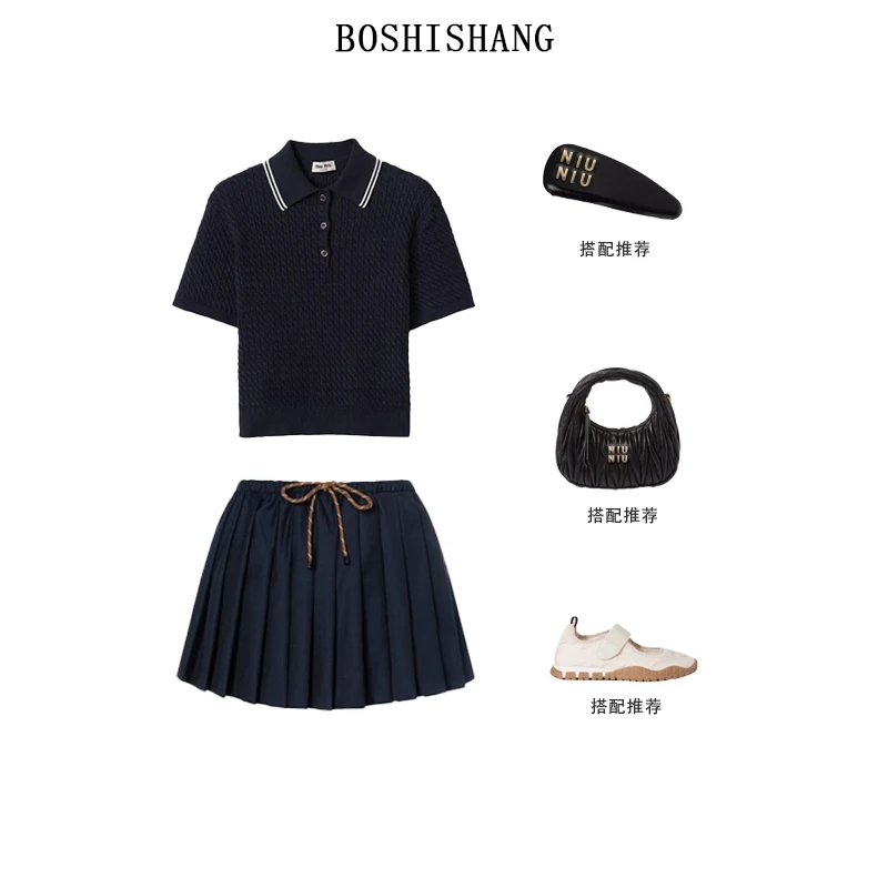 韩系简约针织polo短袖百褶千金休闲千金女装女士时尚财阀千金女装