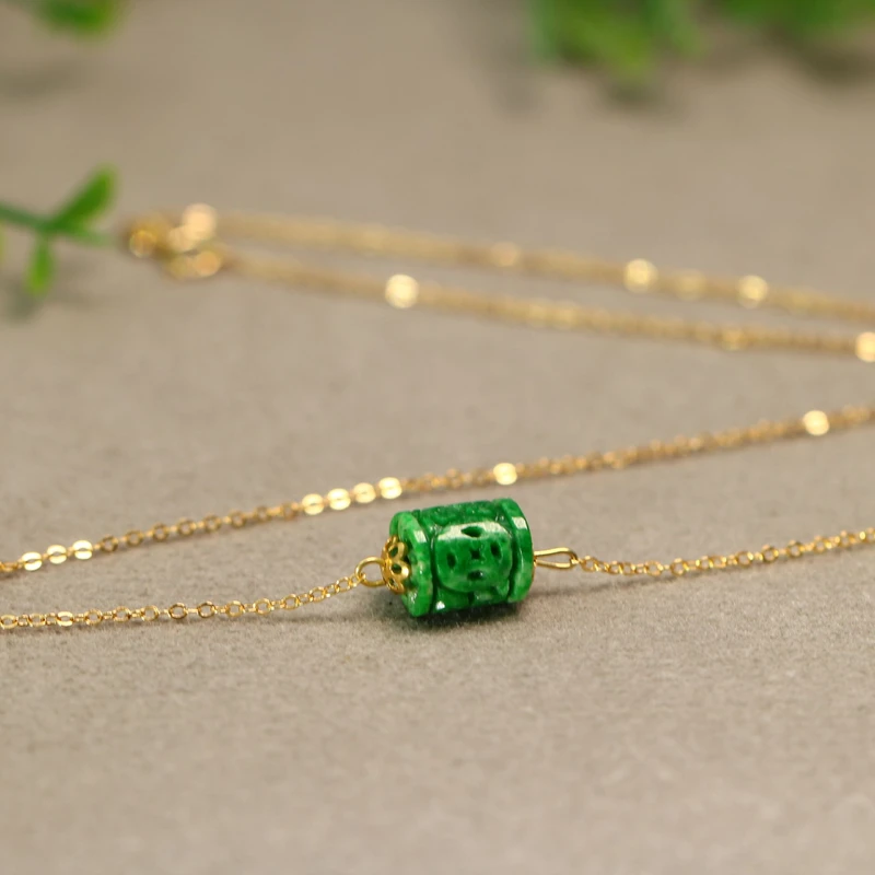 满色辣绿天然A货翡翠桶珠锁骨链吊坠 古钱币龙纹古风S925银项链