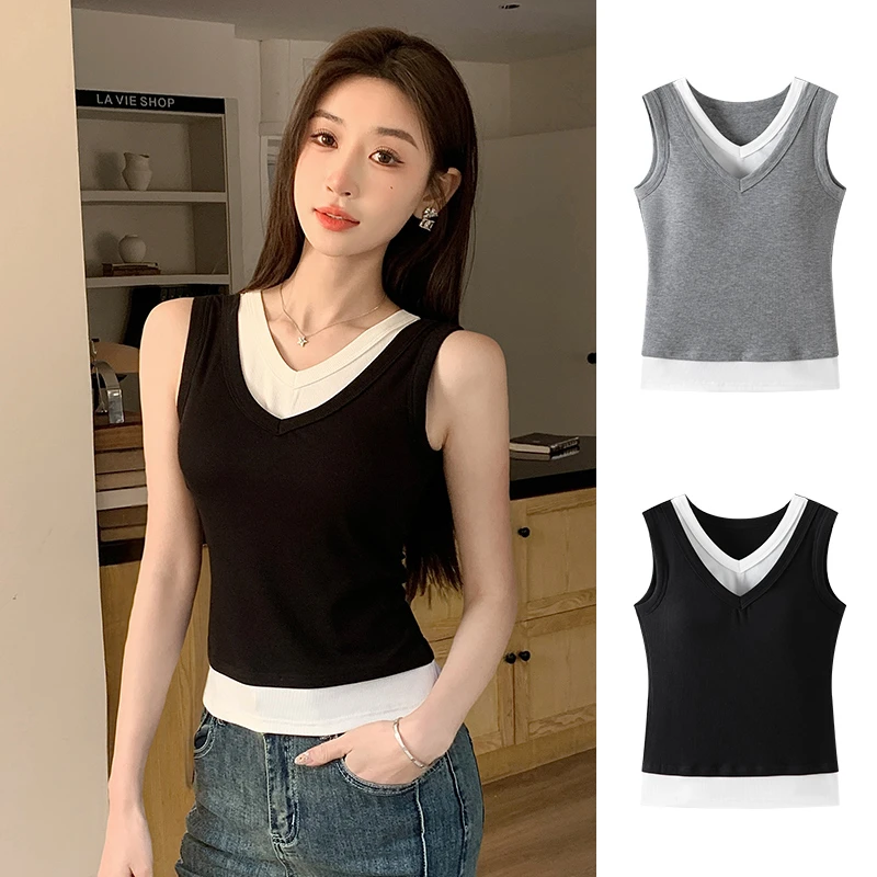 醉梓菡假两件V领吊带背心女内搭修身显瘦遮副乳带胸垫美背上衣潮