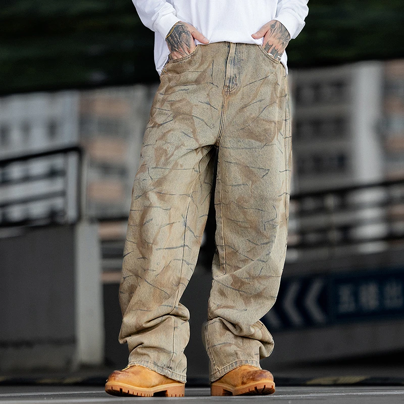 2025新款潮流泥染重度做旧手工喷色大廓形重工复古拖地牛仔裤k