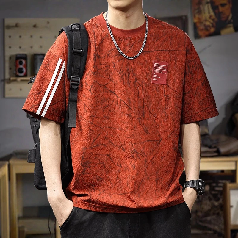 新款夏季高级红色男士短袖t恤美式潮牌大码半袖宽松休闲冰丝体恤T