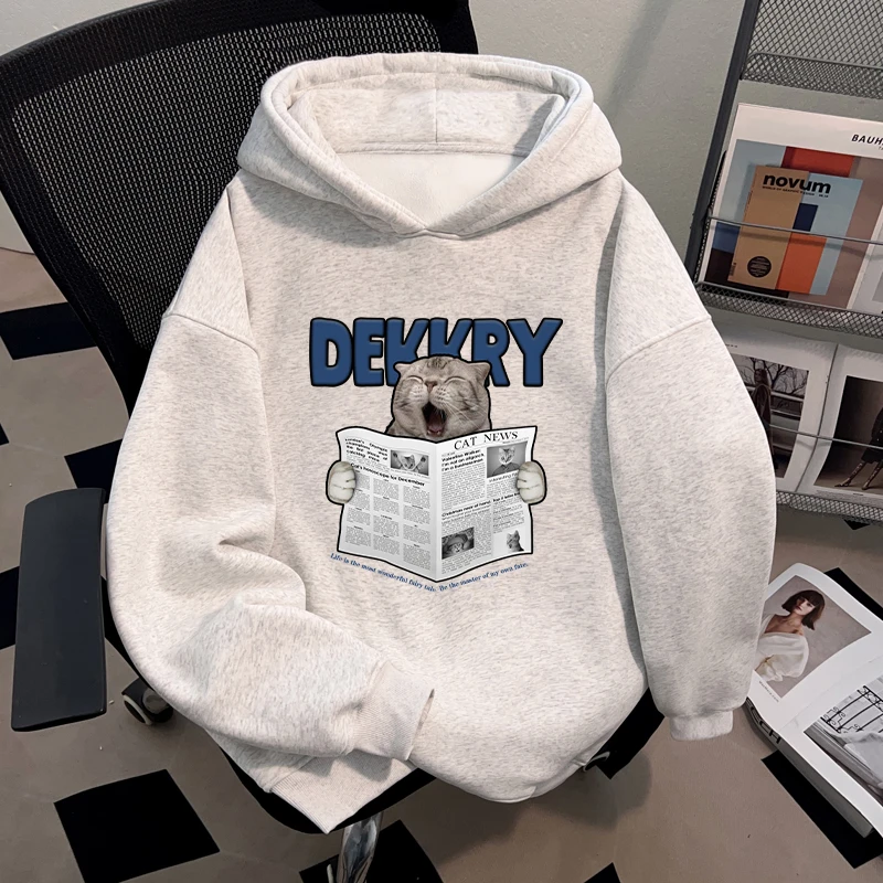 Dekkry潮流趣味猫咪印花白灰色秋冬加绒无口袋连帽卫衣男女款上衣