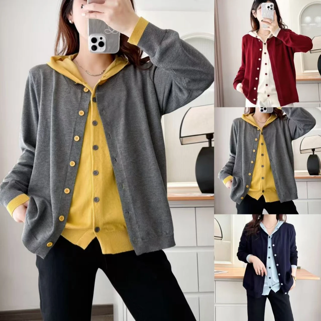 大码春季新款连帽假两件遮肉显瘦气质款针织衫710（120-200斤）