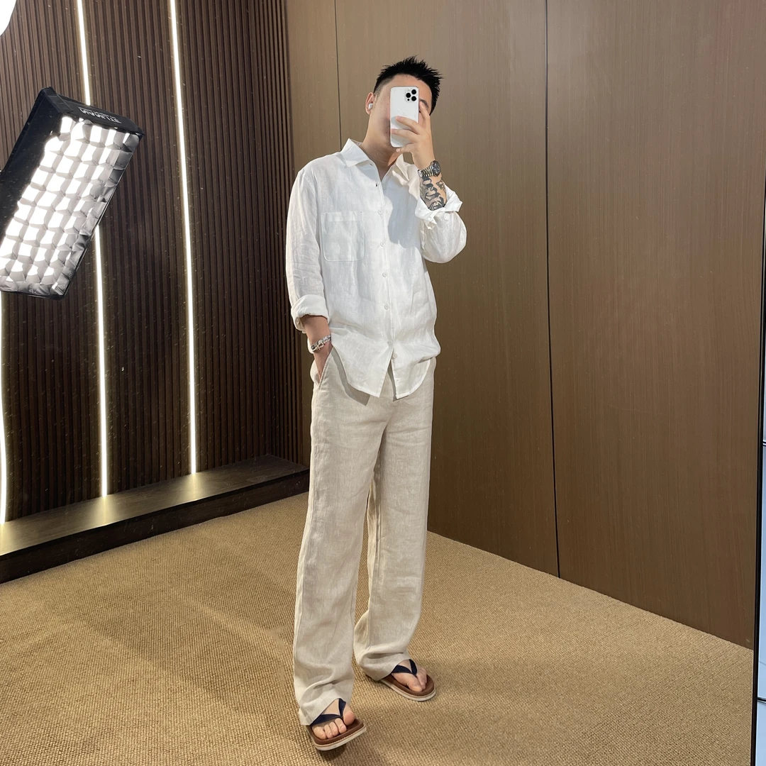 马丁叔叔 新款老钱原麻色松弛感纯亚麻长裤343