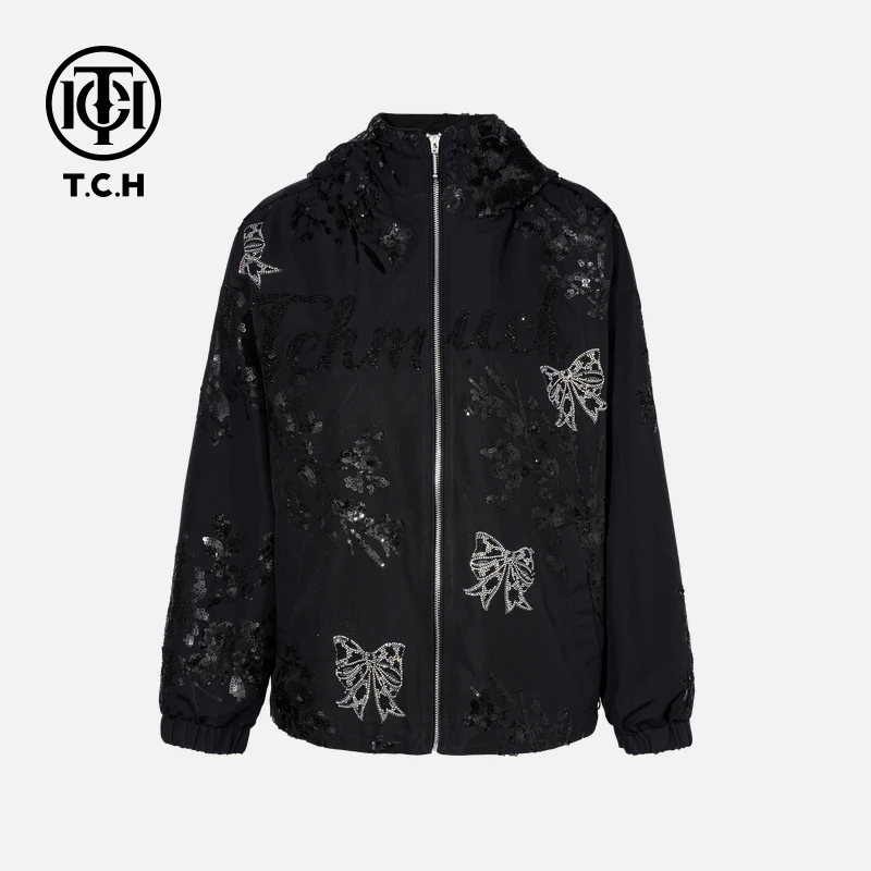 TCH-时尚潮牌蝴蝶结烫钻黑色外套拉链衫T75C27E1025