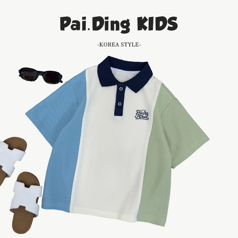 【西西】夏装儿童韩版时尚宽松撞色拼接设计POLO领短袖T恤SJ6011