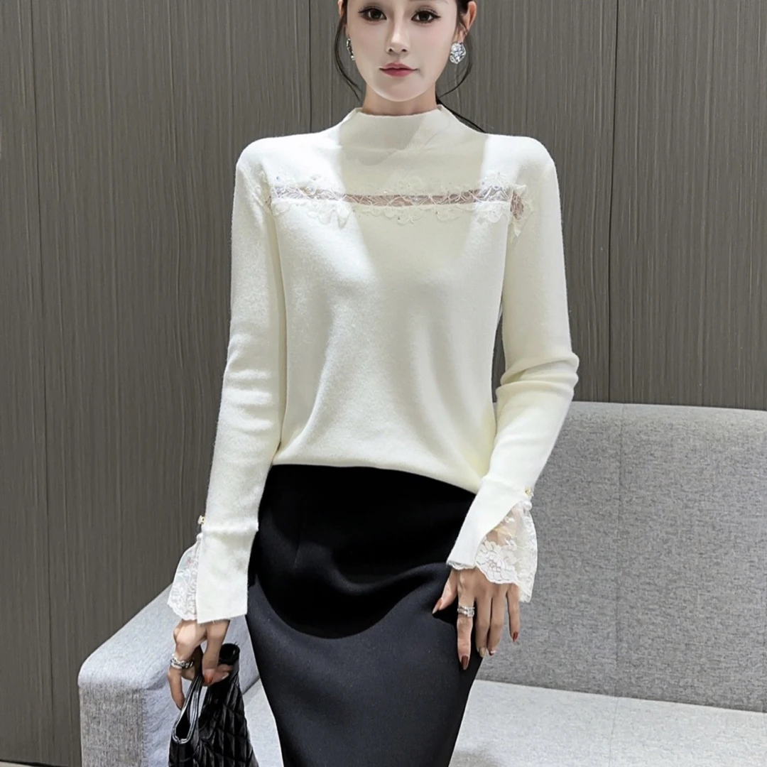 蕾丝拼接半高领针织衫镂空显瘦温柔风长袖打底上衣8196