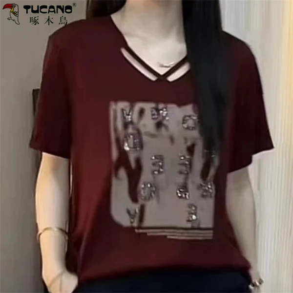【啄木鳥】夏季新品时尚洋气百搭显瘦气质短袖女士小衫T恤上衣字母
