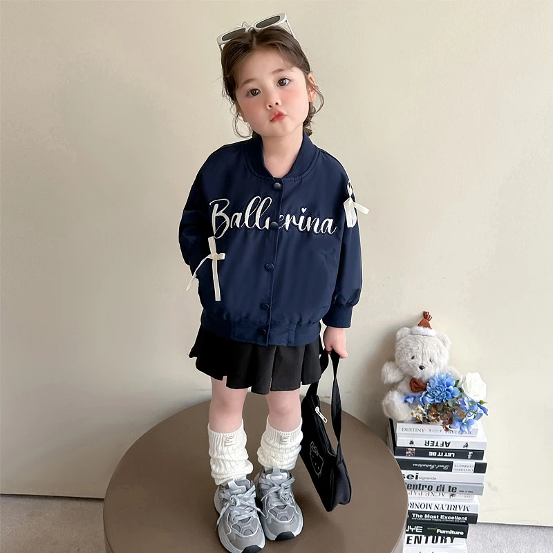 女童秋季2025新款洋气时尚中小童蝴蝶结英文甜酷风休闲棒球服
