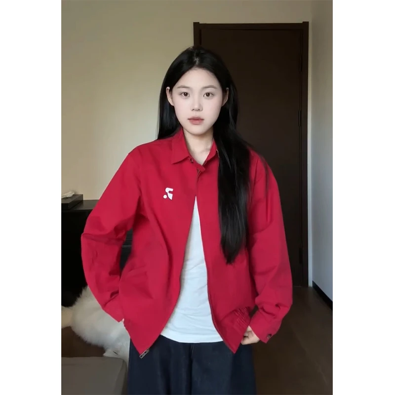 美式复古红色飞行夹克女秋季新款设计感小众休闲宽松百搭拉链外套