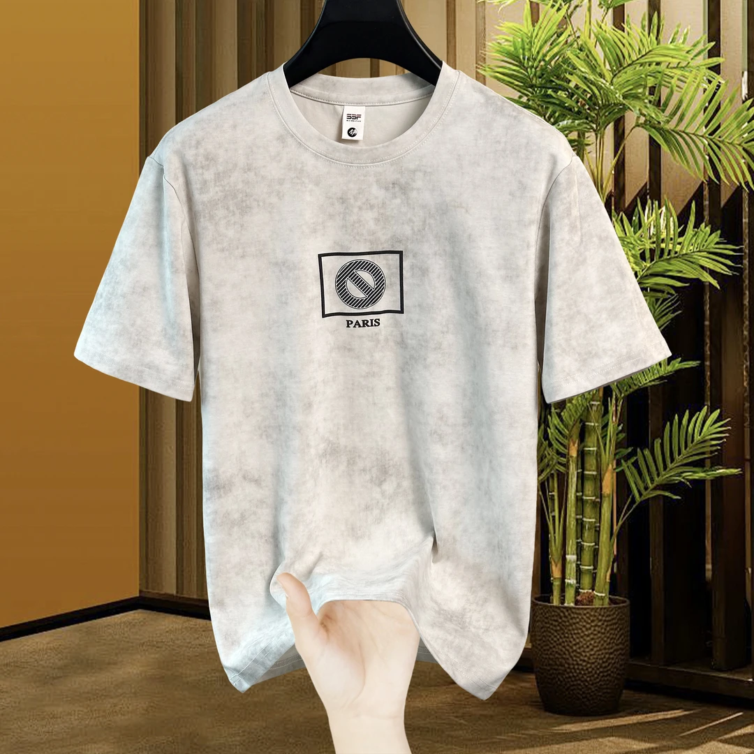 夏季休闲时尚薄款半袖圆领宽松上衣男士短袖T恤百搭男装潮流印花