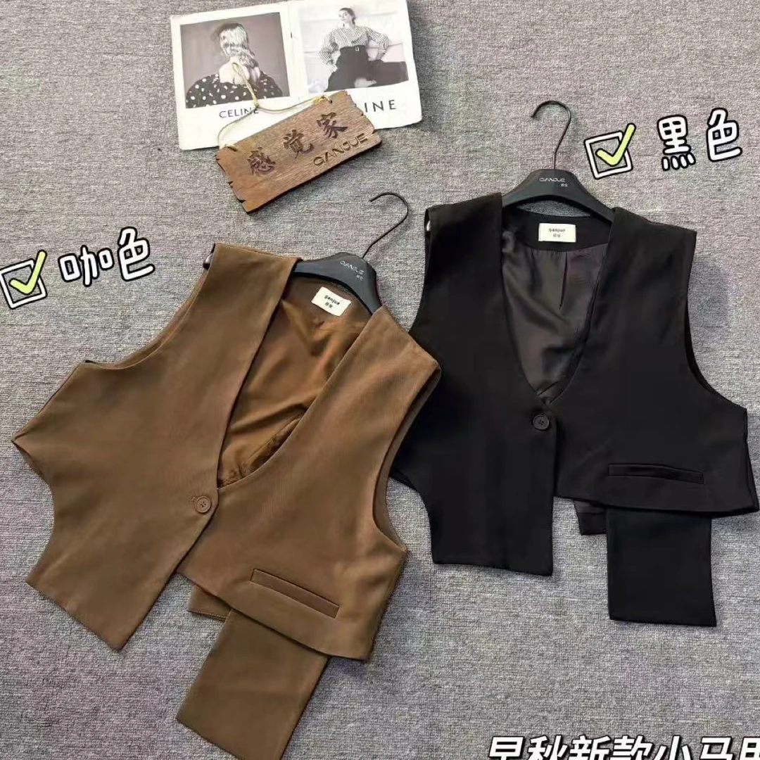百搭法式秋季宽松型拼接薄款马夹修身春季黑色休闲160斤