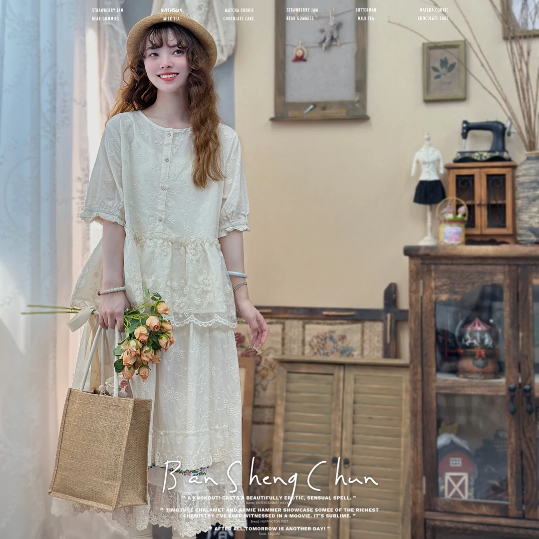 半生椿|夏季新款森系甜美圆领棉蕾丝刺绣拼接娃娃衫宽松短袖衬衫