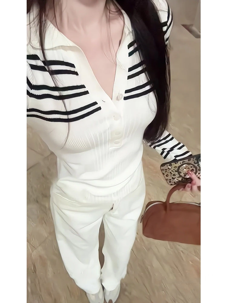 黑白条纹v领长袖针织衫女春季修身高级感气质polo领短款内搭上衣