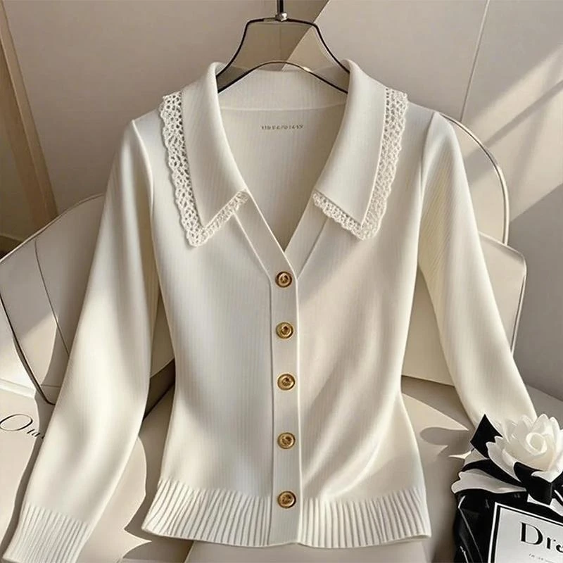 2025春秋新款白色韩版时尚百搭气质针织衫女爆款拼接蕾丝长袖上衣