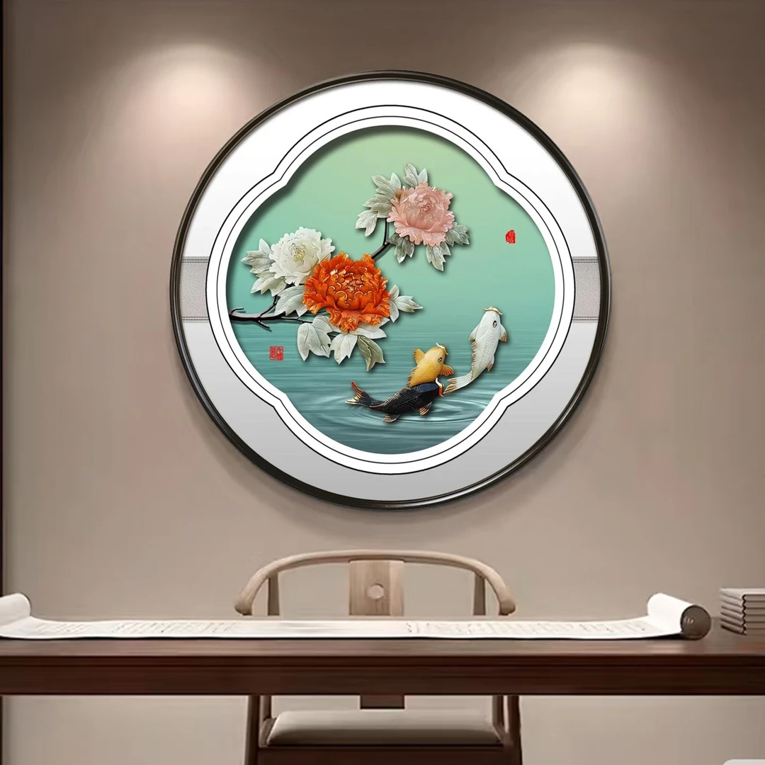 九头鸟玉雕画《富贵有余》沙发背景玄关卧室餐厅茶室办公室装饰挂画