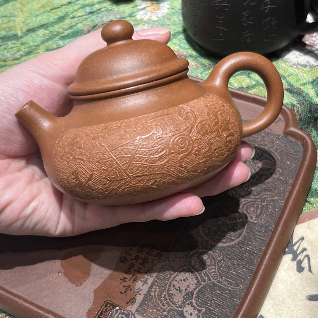 黄降坡容天壶180cc半手工石古堂刻绘河伯图汉画砖拓片