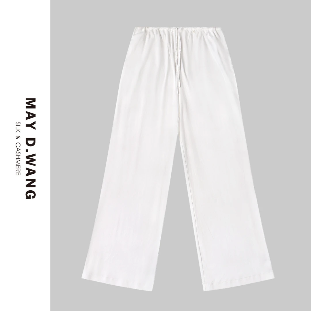 2025夏季慵懒风宽松松紧腰白色长裤直筒裤 F2F2032