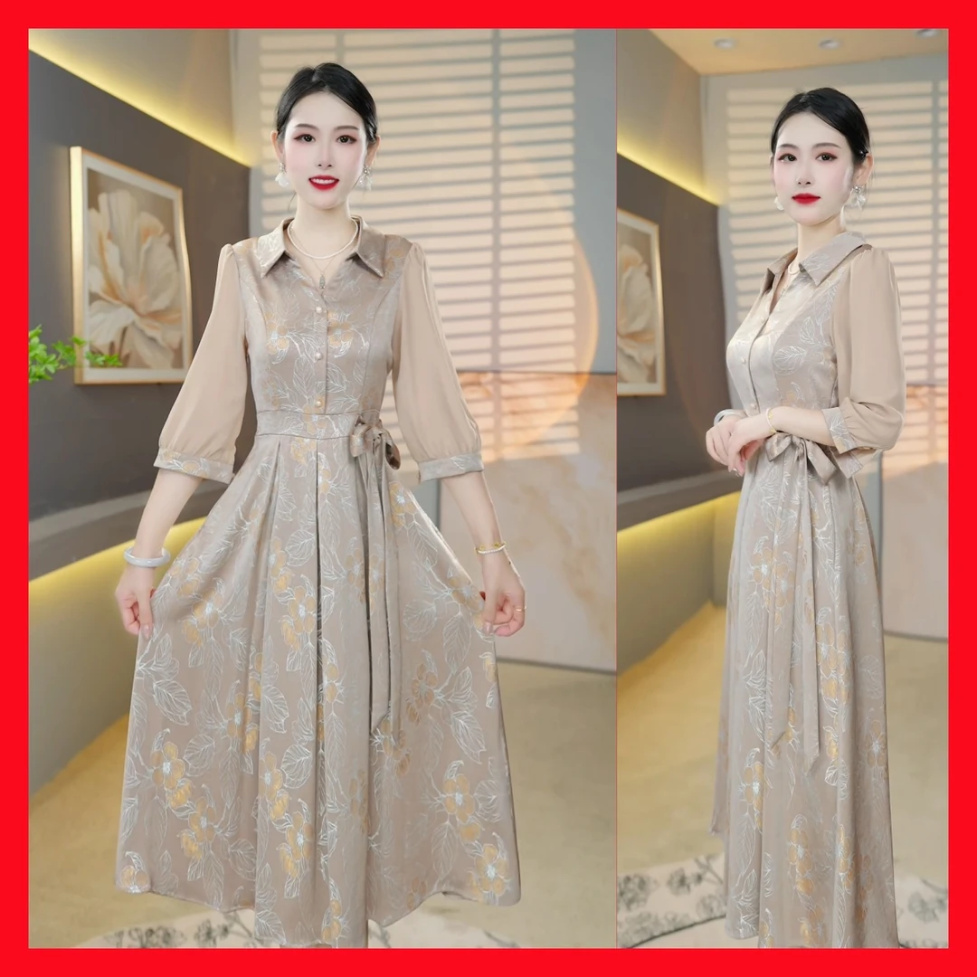 [连衣裙]08早秋新款时尚连衣裙女气质大方印花遮肉显瘦中长款裙