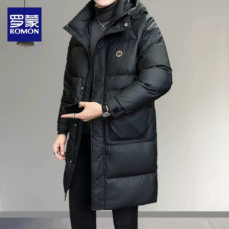 罗蒙黑色羽绒服男冬季加厚新款高级感潮流外套中长款连帽保暖男装