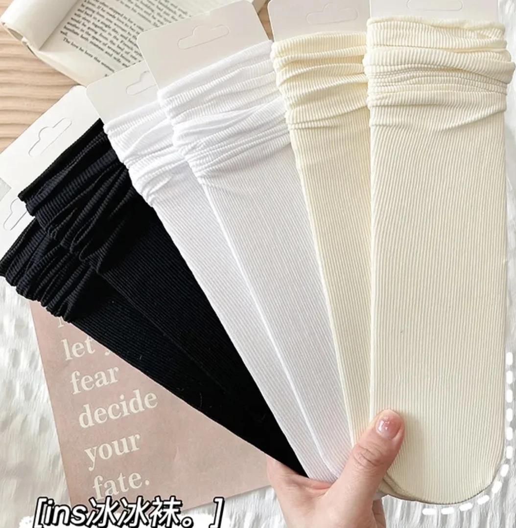 黑白色冰冰袜子女夏季薄款中筒冰丝袜日系简约乐福鞋脚链冰冰袜女