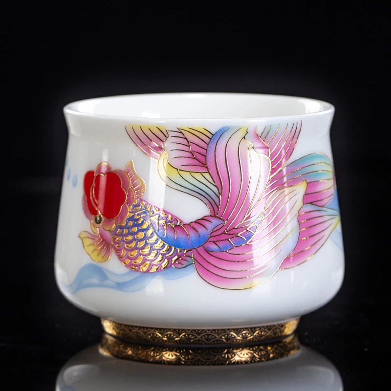 大号描金白瓷主人杯羊脂玉千里江山功夫茶杯锦鲤个人泡茶杯品茗杯