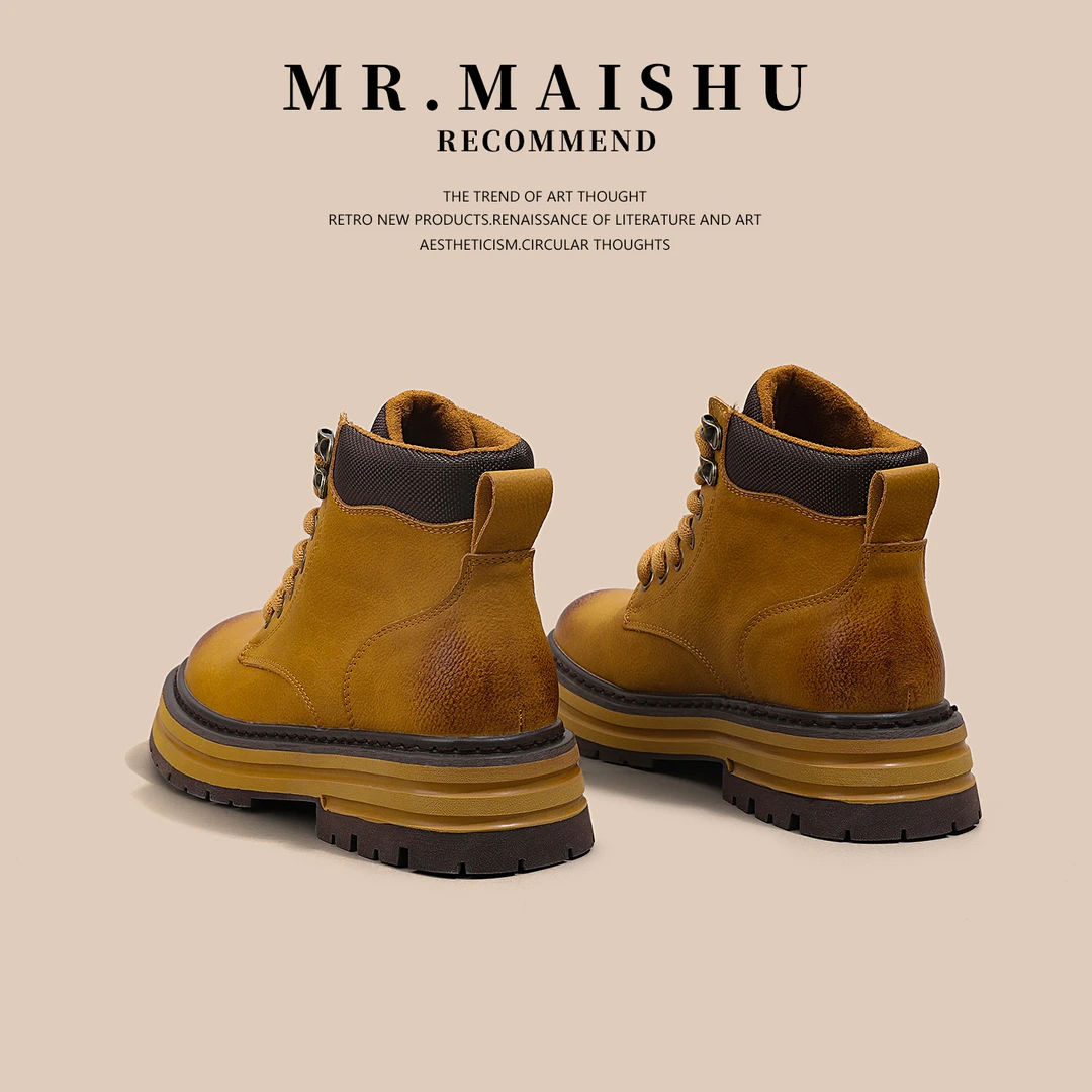 黄色真皮马丁靴女鞋情侣款2025新款秋季百搭男女工装大黄靴子6678