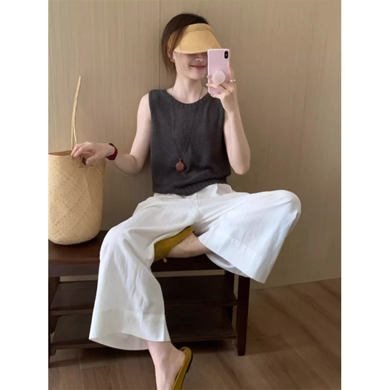 夏日绝美清冷松弛感穿搭灰色背心亚麻长裤两件套装夏季女2025新款