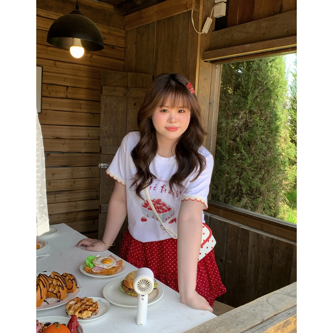 Dottie Ting【草莓蛋糕】大头婷微胖夏季T恤印花花边短袖上衣