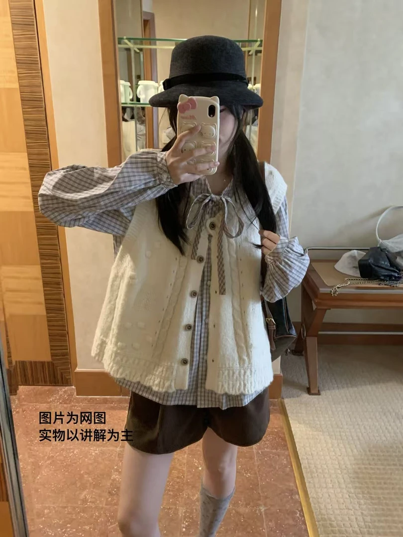 【米兰游记】黑白格飘带叠穿衬衫百搭马甲裤子半身裙显瘦三件套