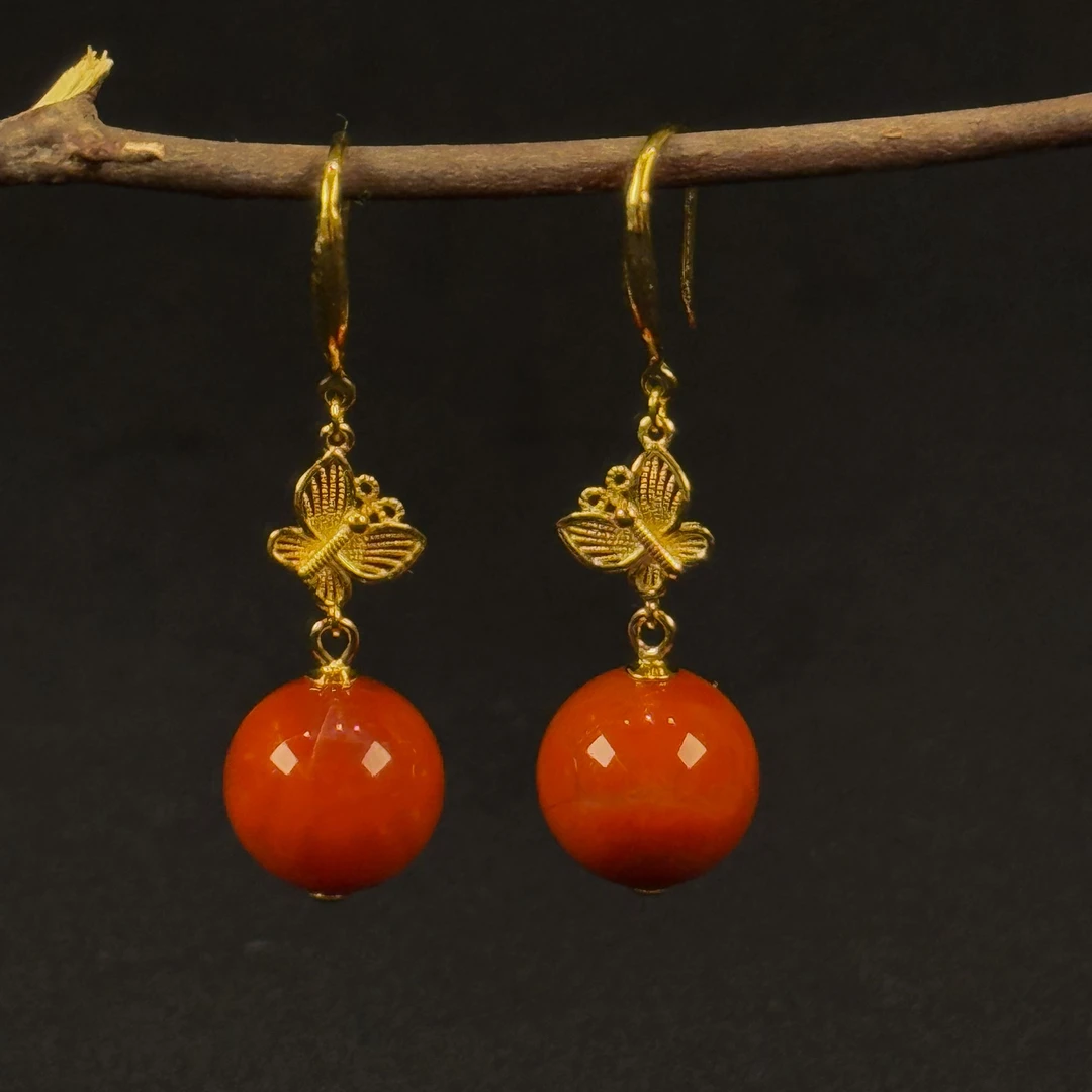 【禧┃瑞承】南红S925瓦西蝴蝶耳钩12mmYYX0010（多样性发一）