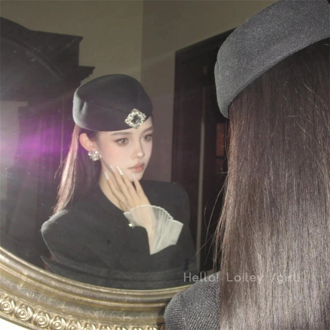 财阀千金~小众设计师款复古高级感方钻平顶礼帽法式黑色贝雷帽子