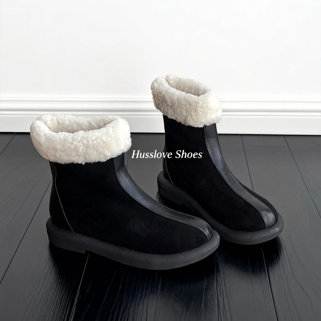 HUSSLOVE 牛翻皮+羊羔毛·跟高3CM·百搭冬季简约毛毛翻边雪地靴