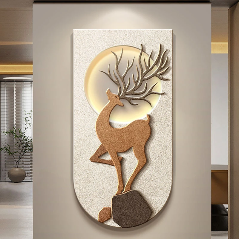 侘寂风入户玄关装饰画高级感砂岩肌理麋鹿壁灯画轻奢走廊过道挂画