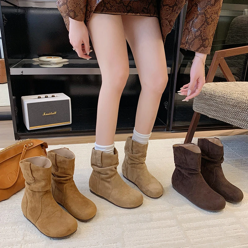 2025秋季新款厚底内增高皱褶短靴复古风一脚蹬堆堆马丁靴百搭单靴