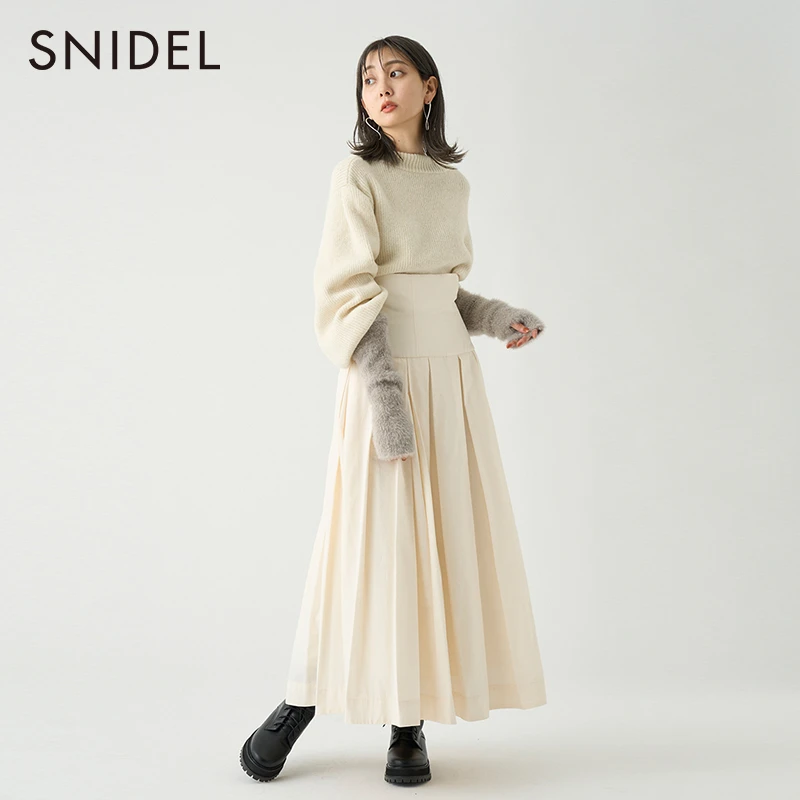 SNIDEL春夏款优雅淑女纯色高腰绑带百褶半身裙尤莱特SWFS231024