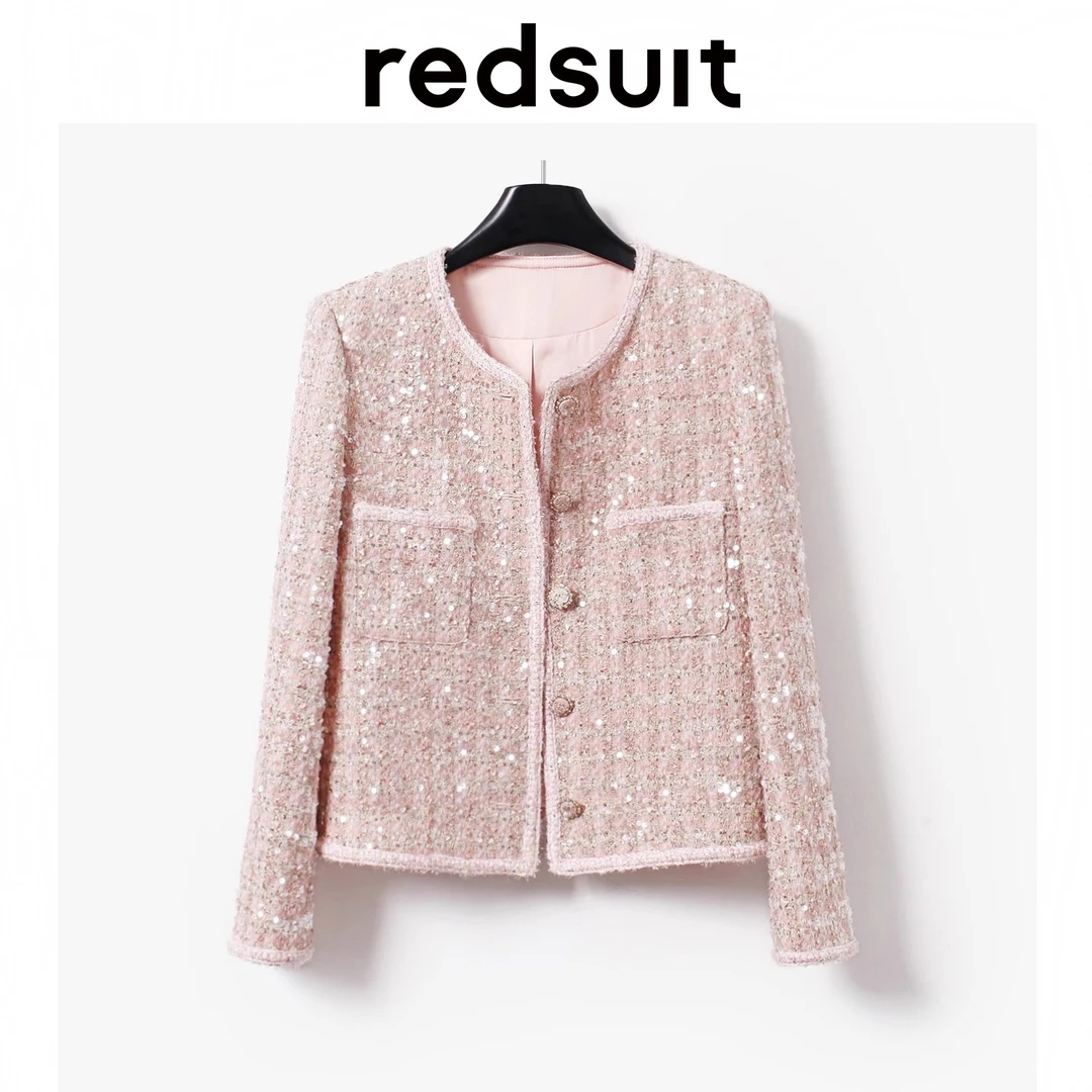 redsuit 千金名媛感时髦闪亮片小香风粉色优雅外套气质通勤上衣新