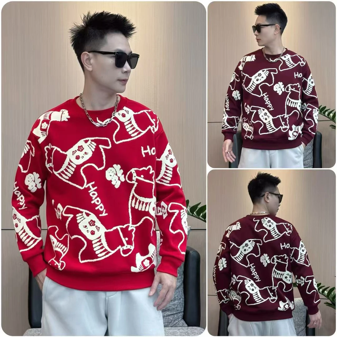 红色本命年过年图案年货款加绒卫衣男女同款青年宽松落肩圆领长袖