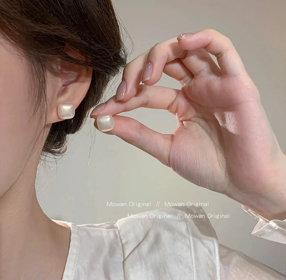 足银仿珍珠耳饰 999银针方形耳钉耳环时尚轻奢小方糖小众耳饰