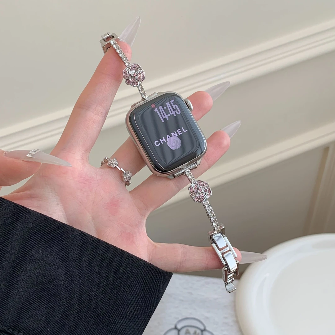 适用苹果手表ApplewatchS10表带Ultra镶钻S9山茶花S8金属SE手镯女