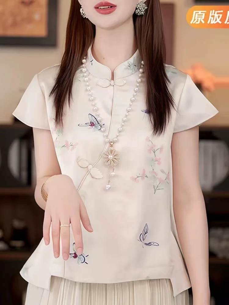 民族风气质短袖斜襟圆领T恤上衣新中式夏季复古显瘦法式山系上衣