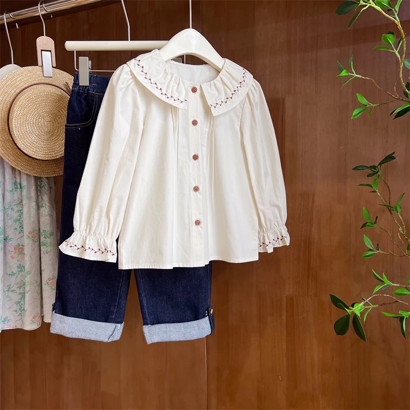 现货【春实】100棉3351女童春季新款法式娃娃衫洋气百搭长袖衬衫